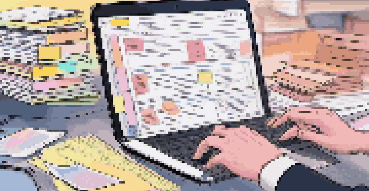A lawyer's hands typing on a laptop with legal documents and a software interface visible on the screen.