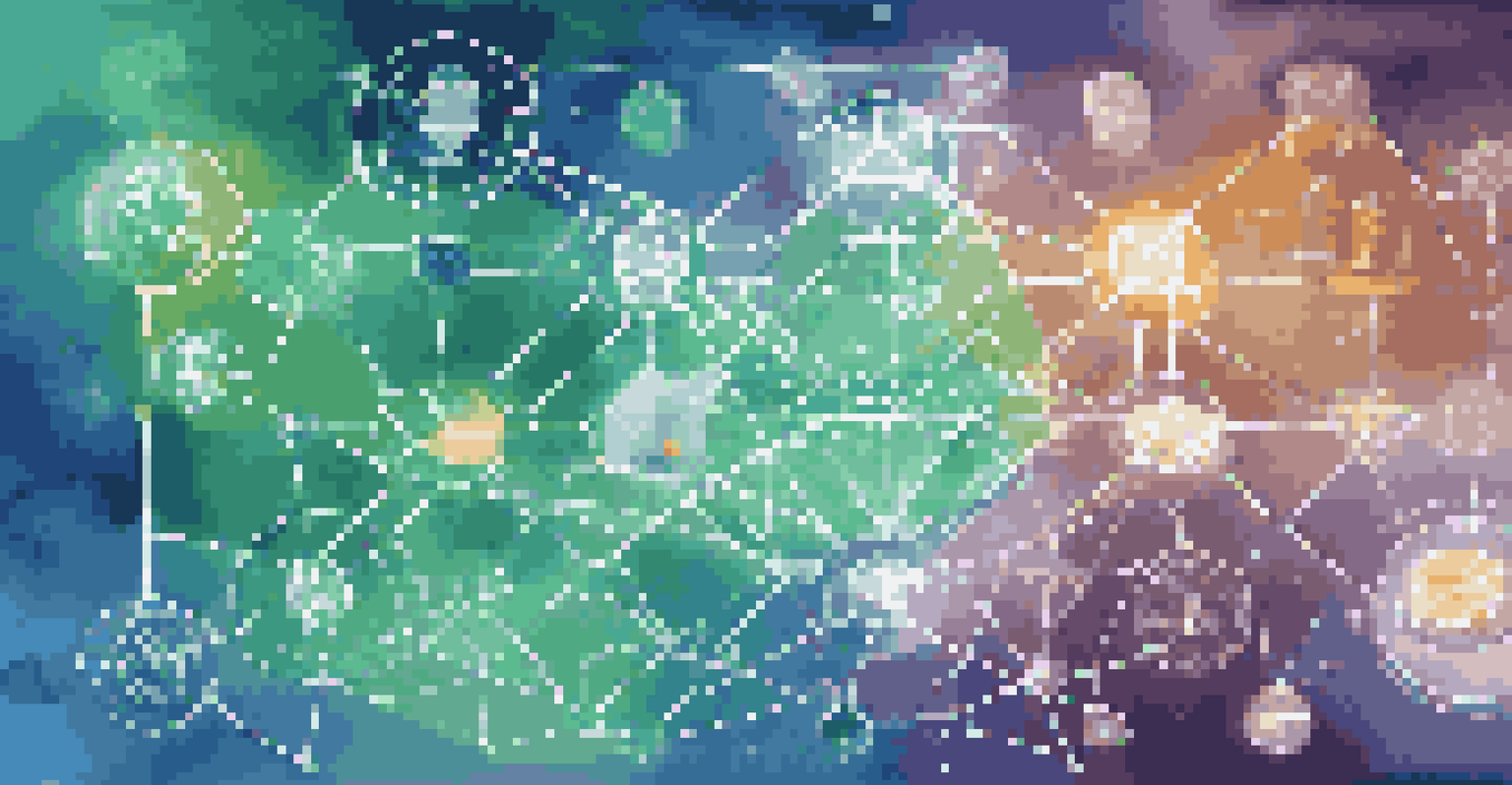 Abstract representation of blockchain technology in education with interconnected nodes and educational symbols.