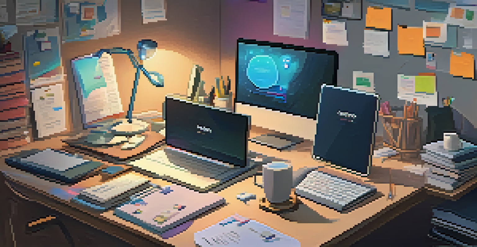 A creative workspace with various devices showing chatbot interfaces and documents scattered around.