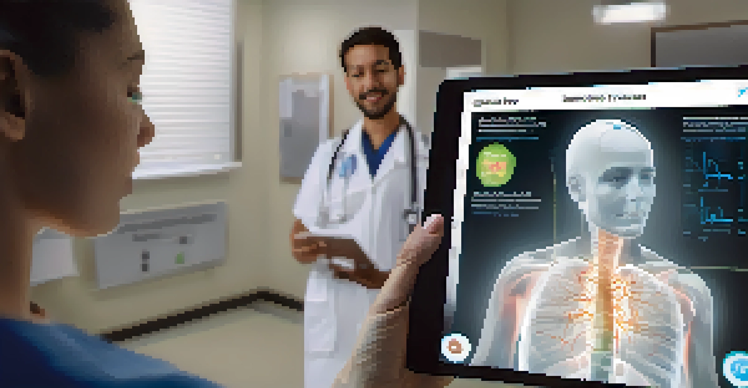 A patient interacting with augmented reality on a tablet, visualizing their health condition with a healthcare professional nearby.