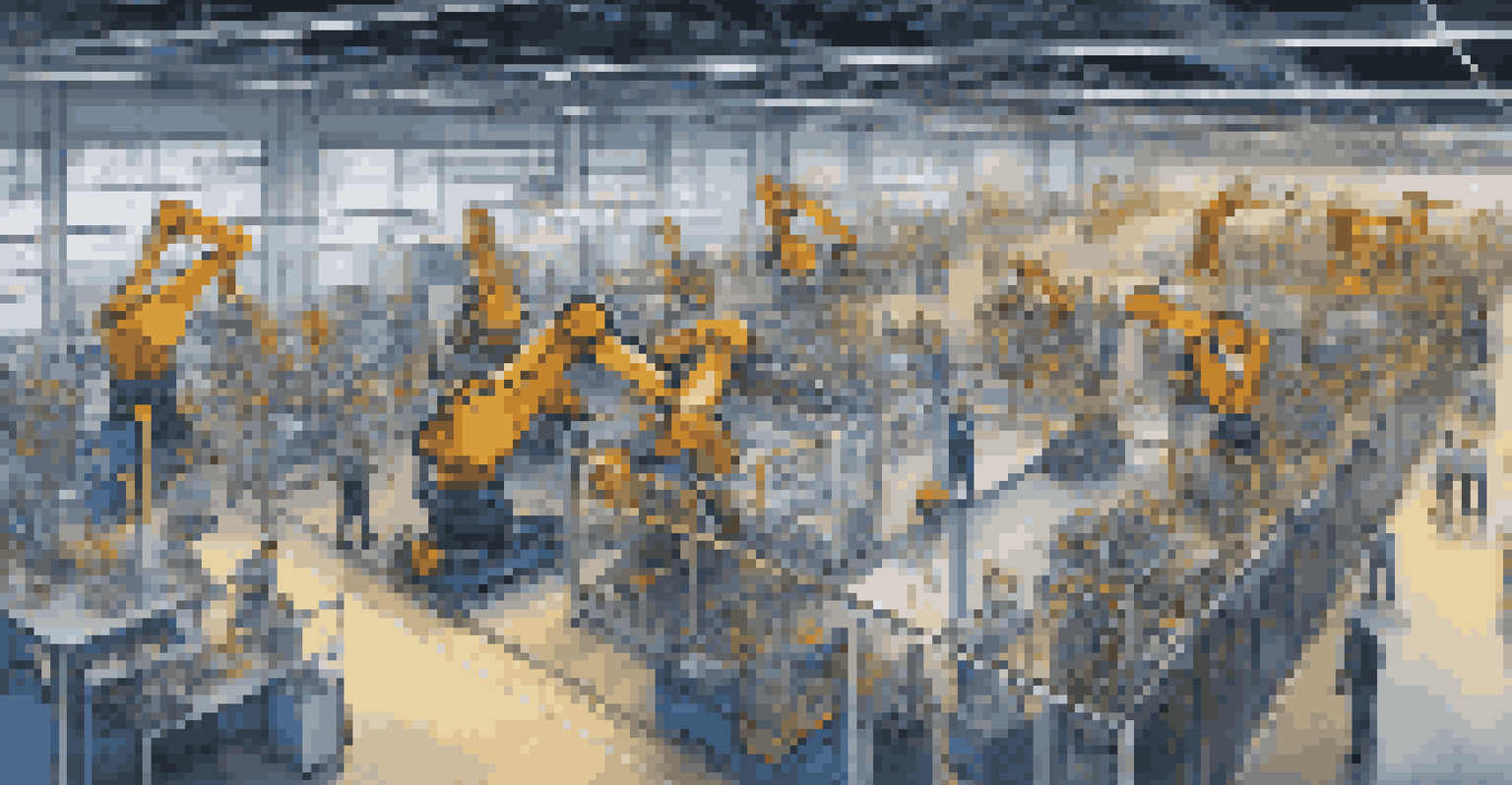 A dynamic smart factory floor with interconnected machines and workers utilizing Edge AI for real-time production analysis.