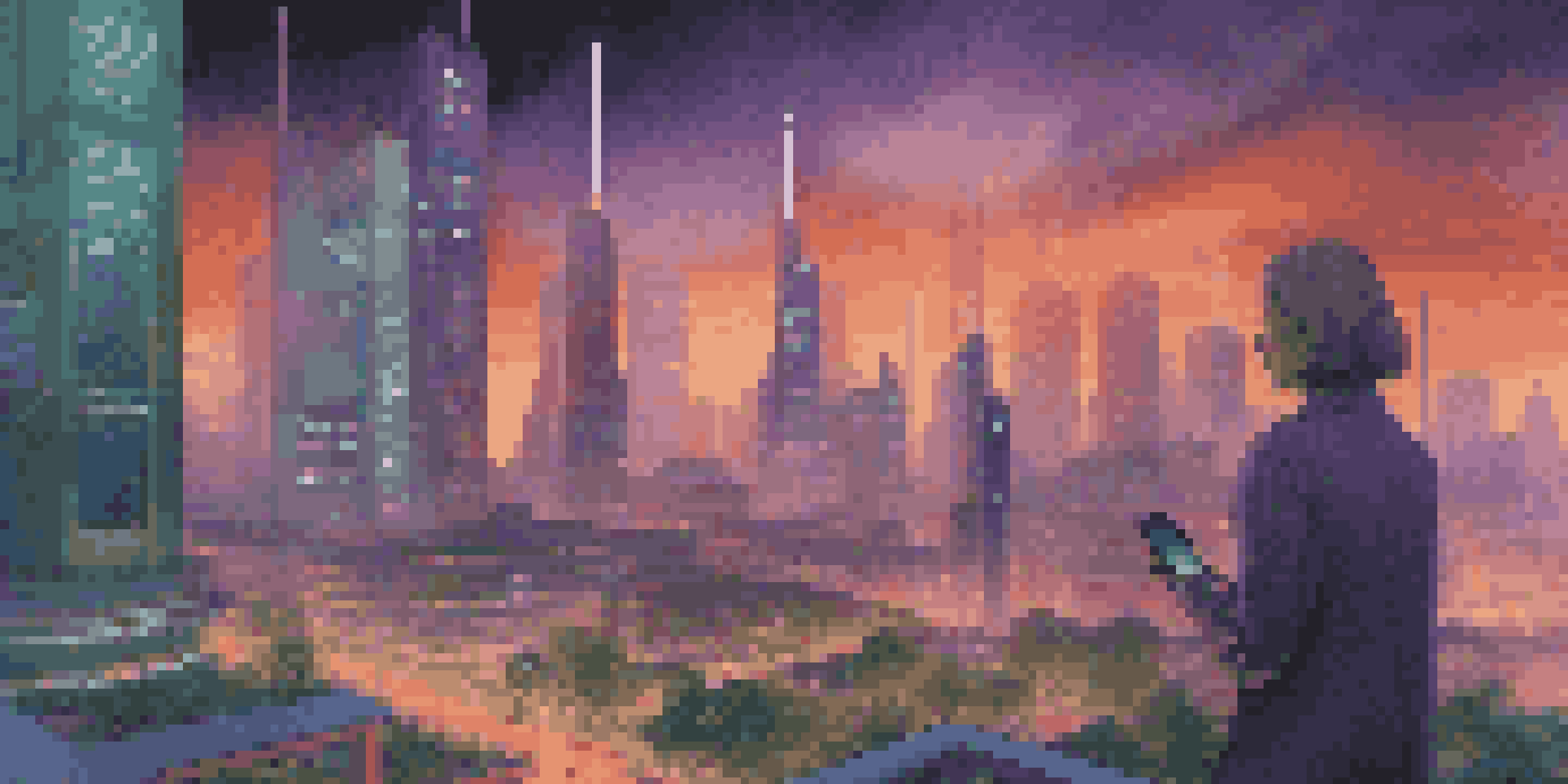A vibrant city at dusk with modern buildings and green areas, people using digital devices.