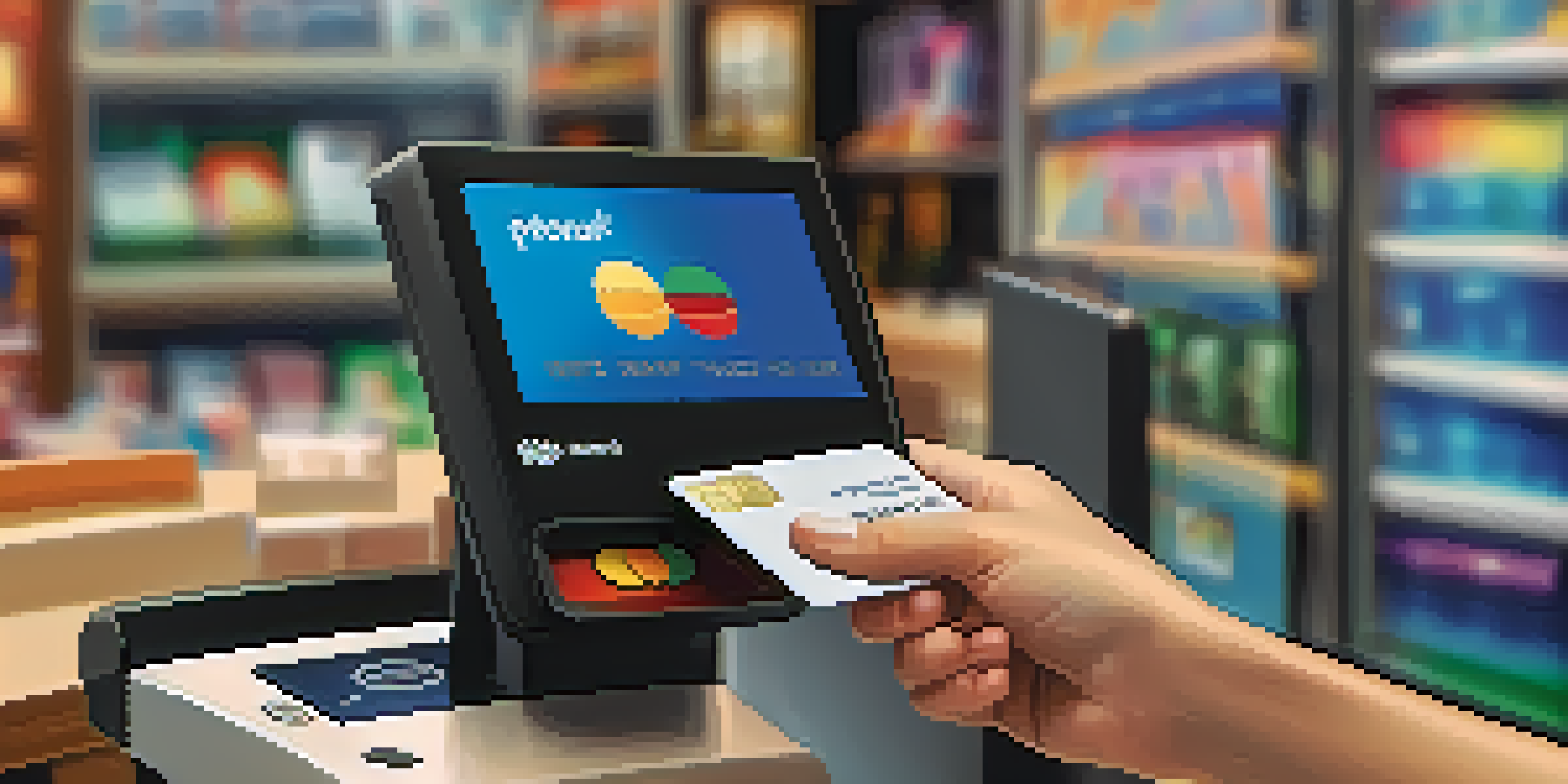 A close-up of a hand holding a contactless payment card near a card reader at a busy checkout, with blurred shoppers in the background.