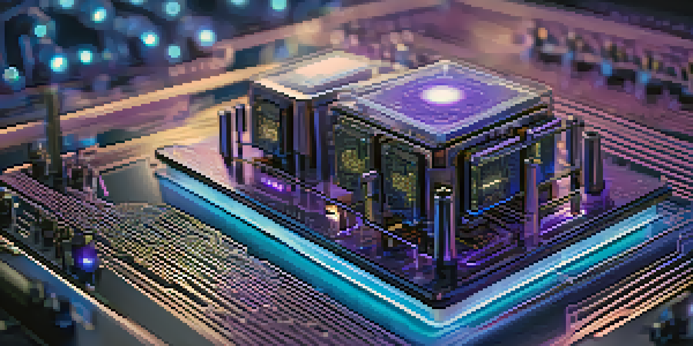 A close-up view of a quantum computer with glowing circuits and quantum bits against a blue and purple gradient background.