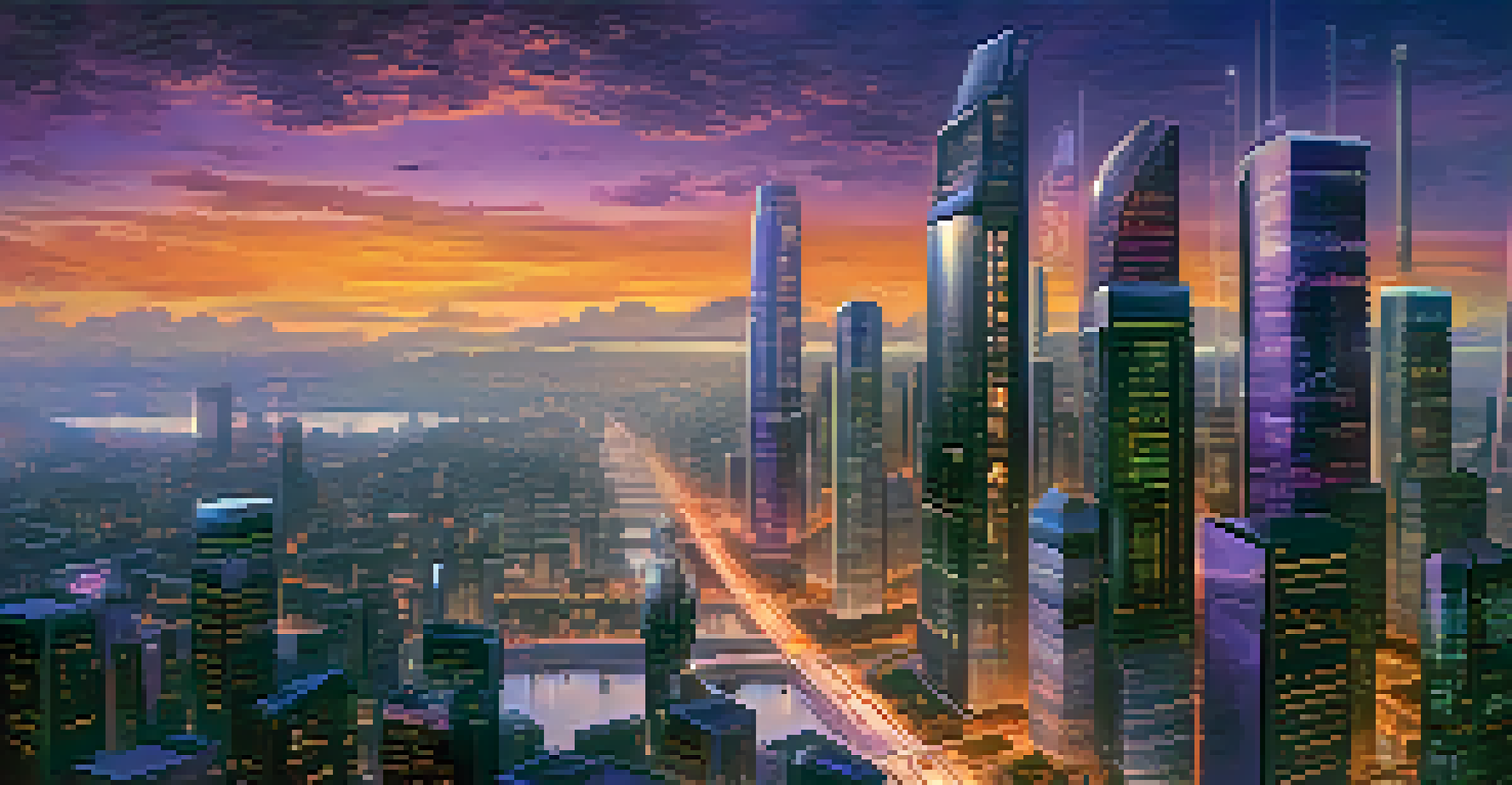 A futuristic city skyline at dusk with skyscrapers displaying live data analytics on digital screens.