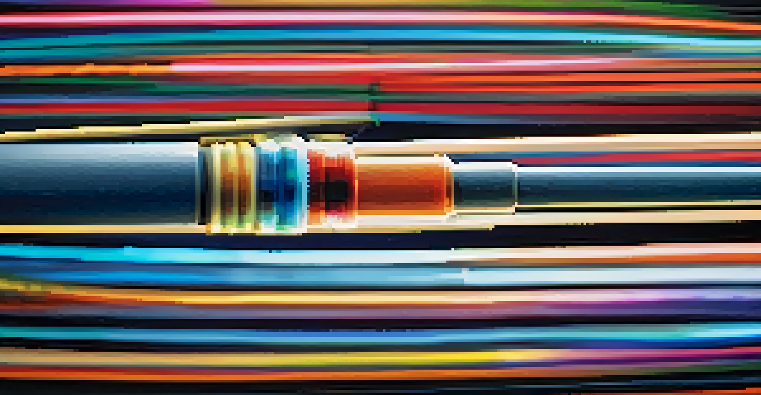 A close-up of a fiber optic cable with colorful lights traveling through, set against a blurred background.