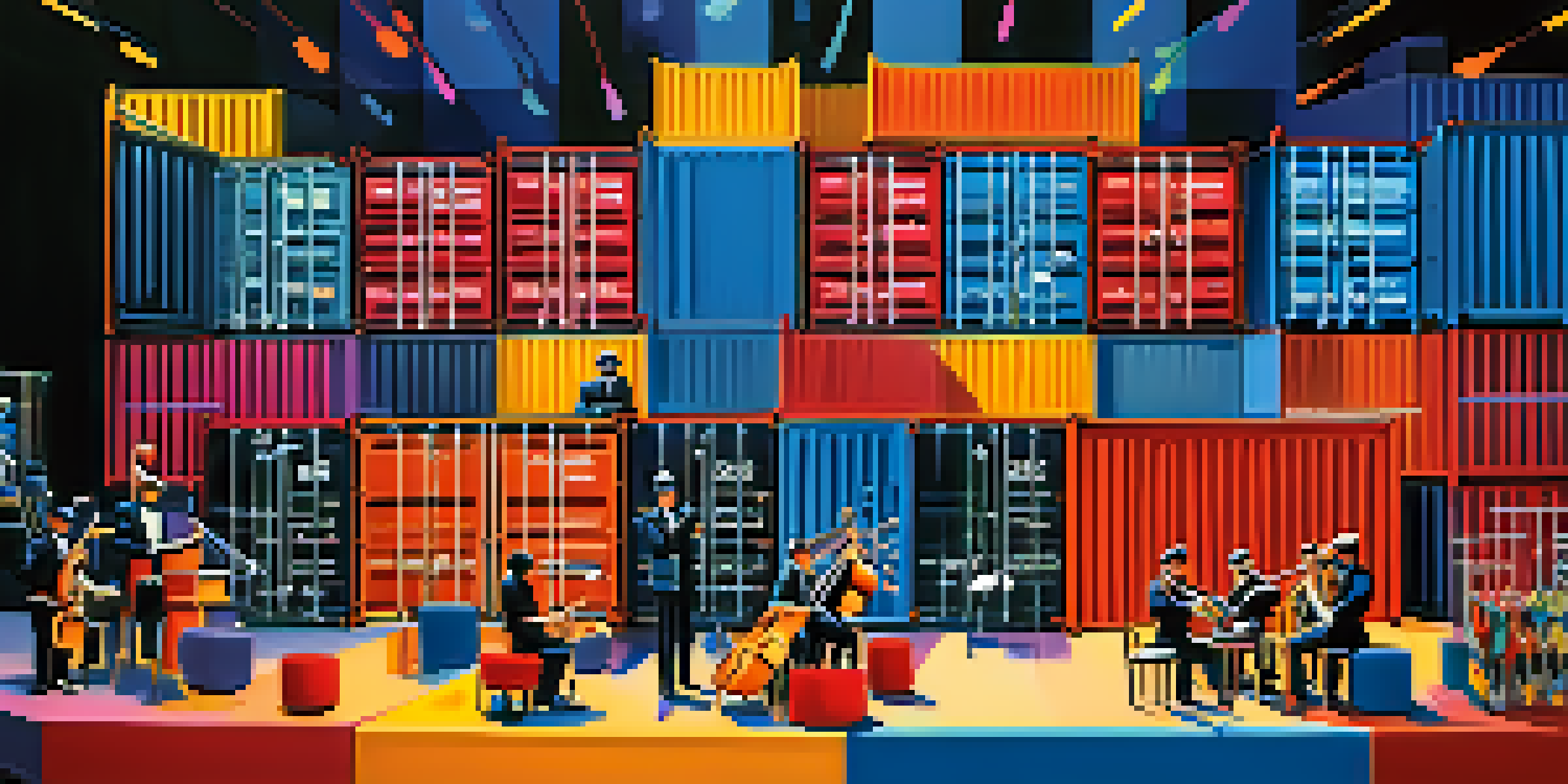 An abstract illustration of Kubernetes orchestration, with containers represented as musicians in an orchestra, showcasing harmony and efficiency.