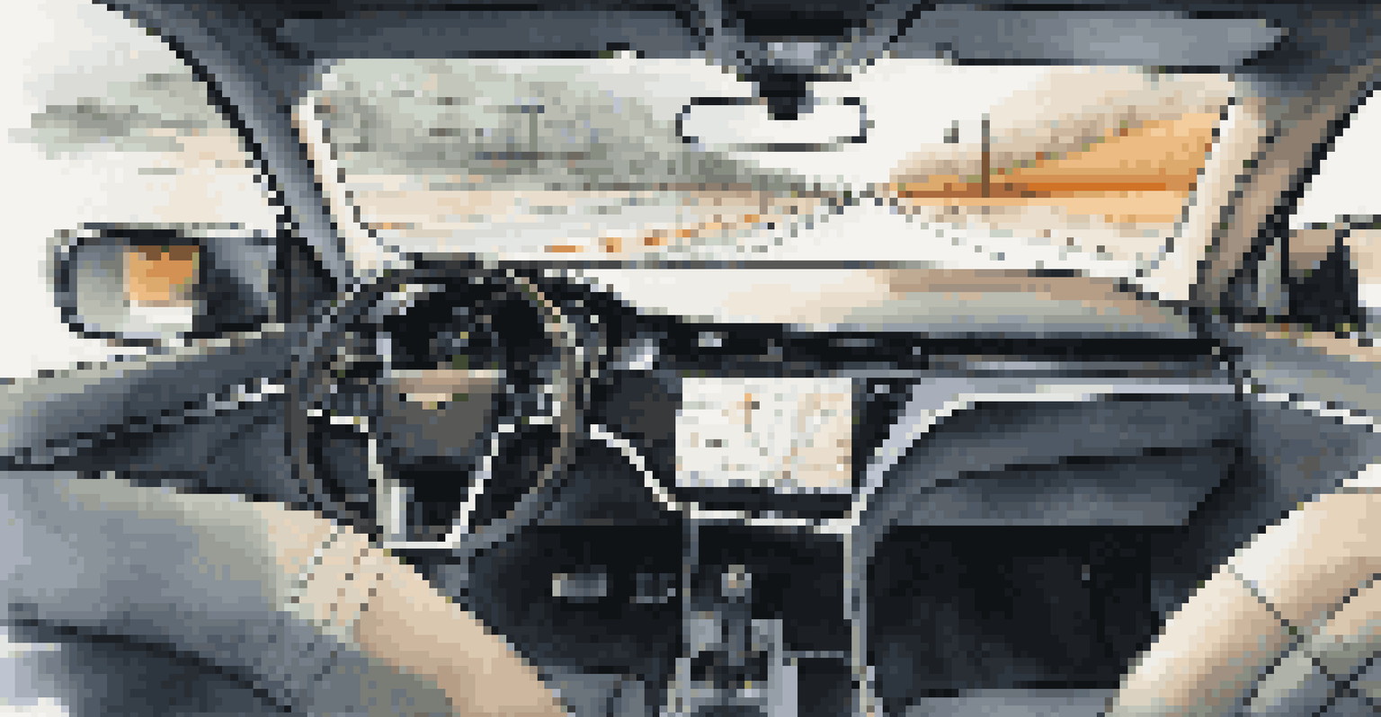 Close-up of a vehicle dashboard with a screen showing telematics data such as speed and navigation, with a driver focused on the road in a modern interior.