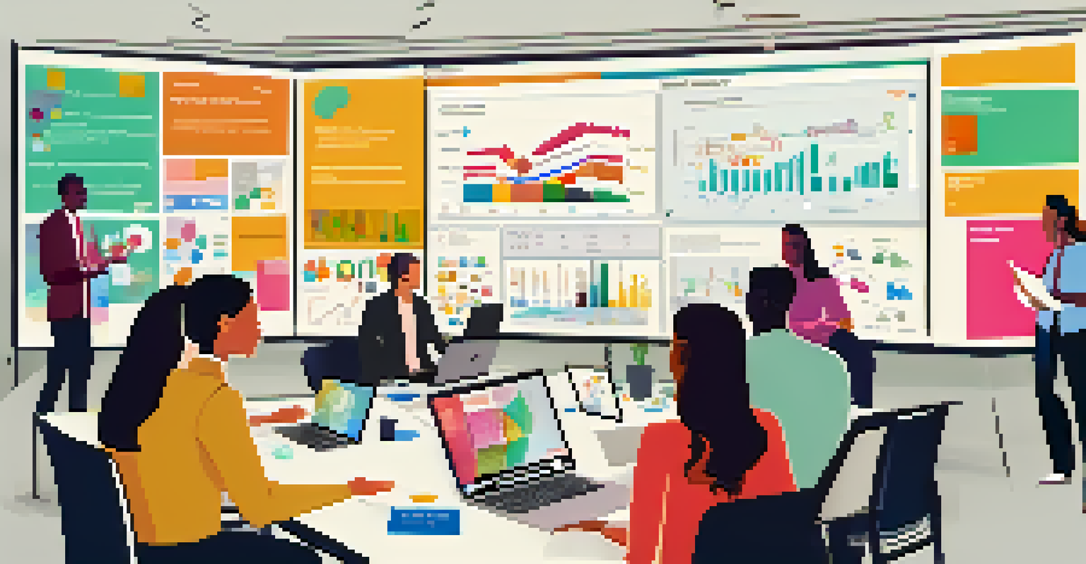 A diverse team of professionals discussing data analytics in a bright and modern workspace.