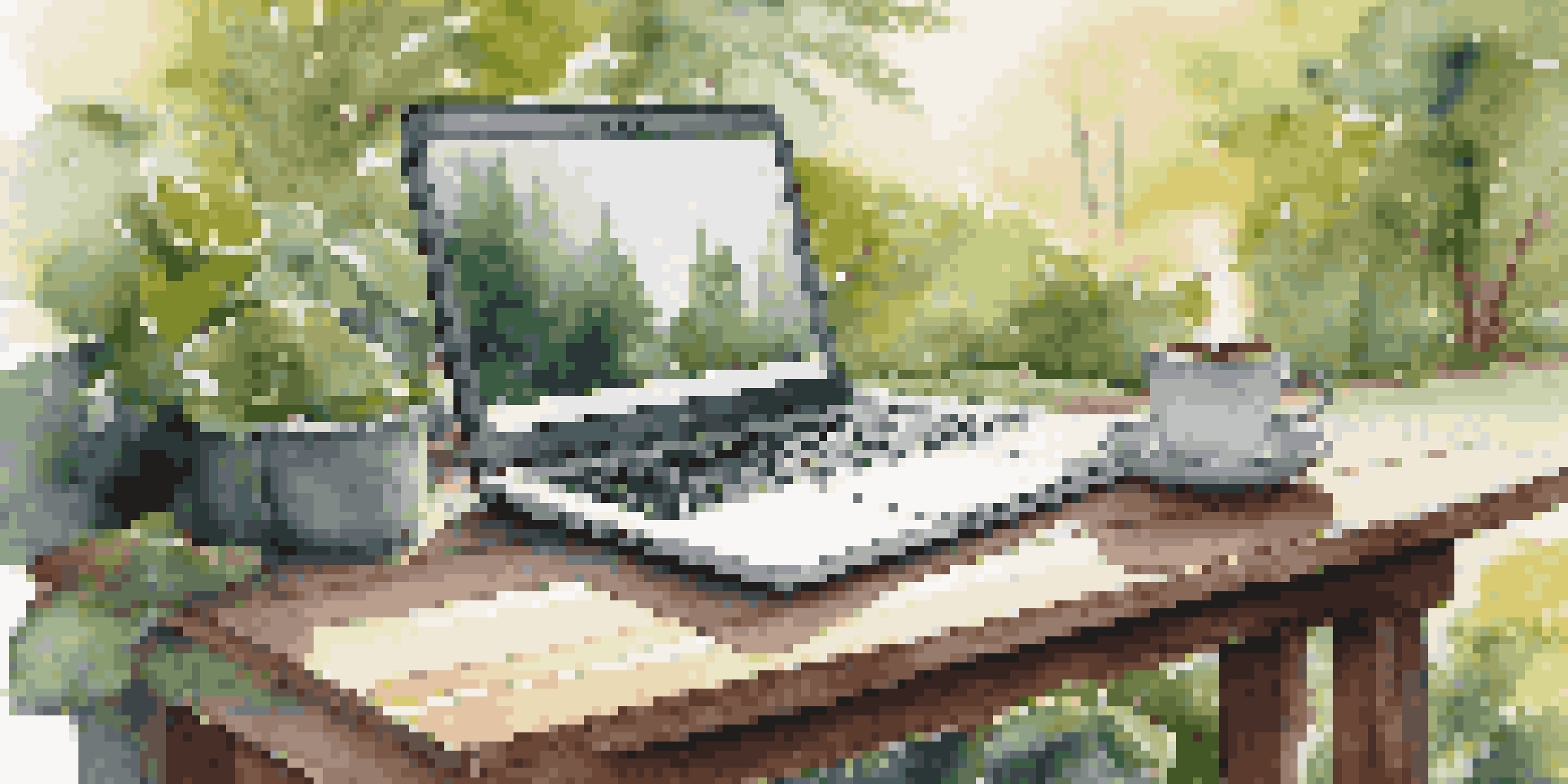 An outdoor workspace with a laptop on a wooden table, surrounded by greenery and a steaming cup of coffee, bathed in soft morning light.