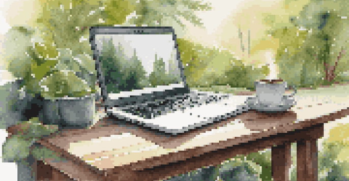 An outdoor workspace with a laptop on a wooden table, surrounded by greenery and a steaming cup of coffee, bathed in soft morning light.