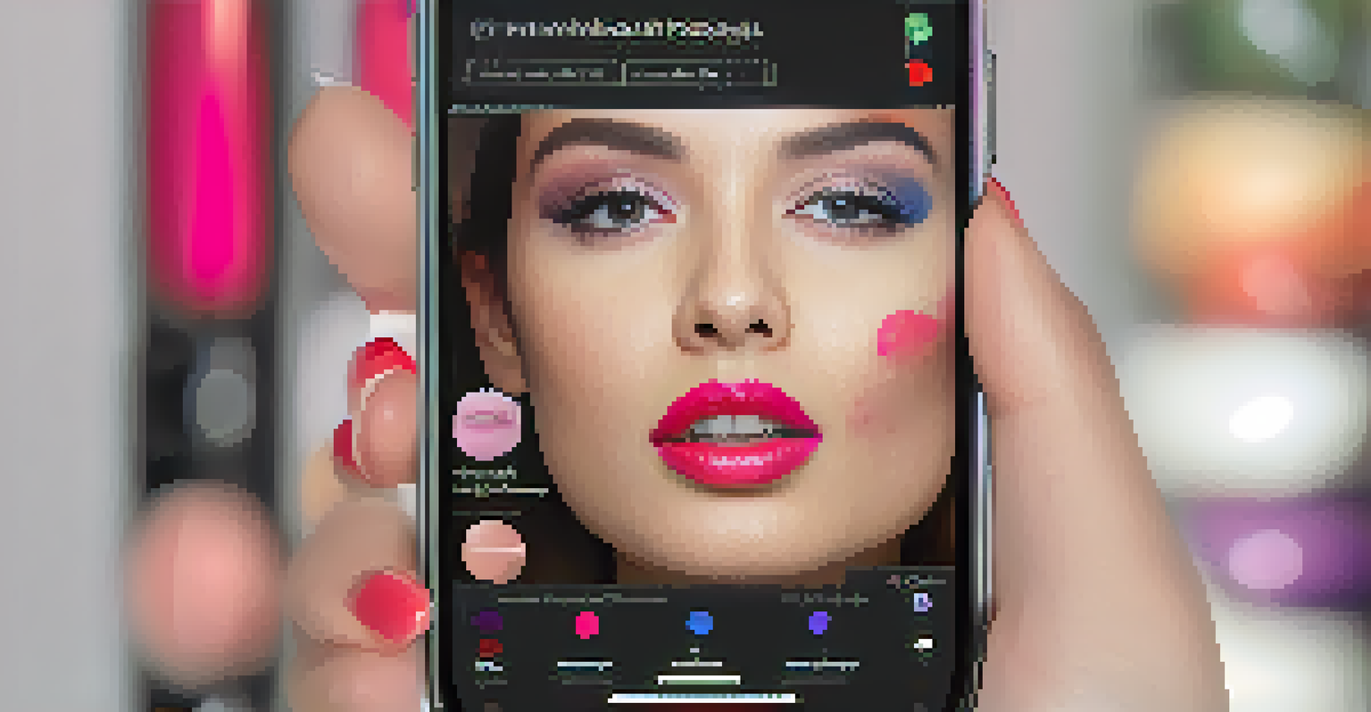 A smartphone screen showing an augmented reality makeup app where a user tries different lipstick shades, with vibrant colors around the screen.