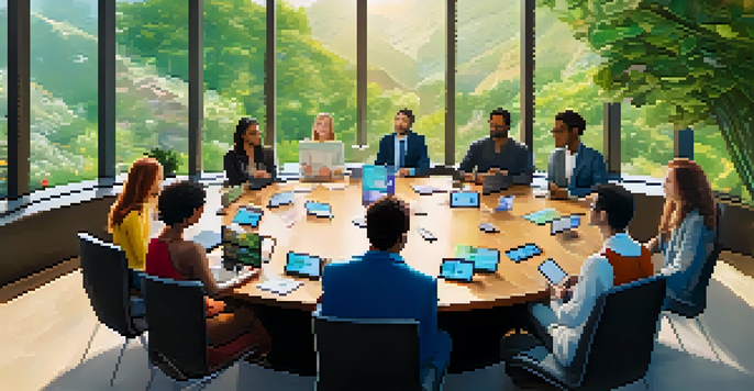 A diverse group of people discussing ethical marketing in a natural setting, with charts and laptops around a round table.