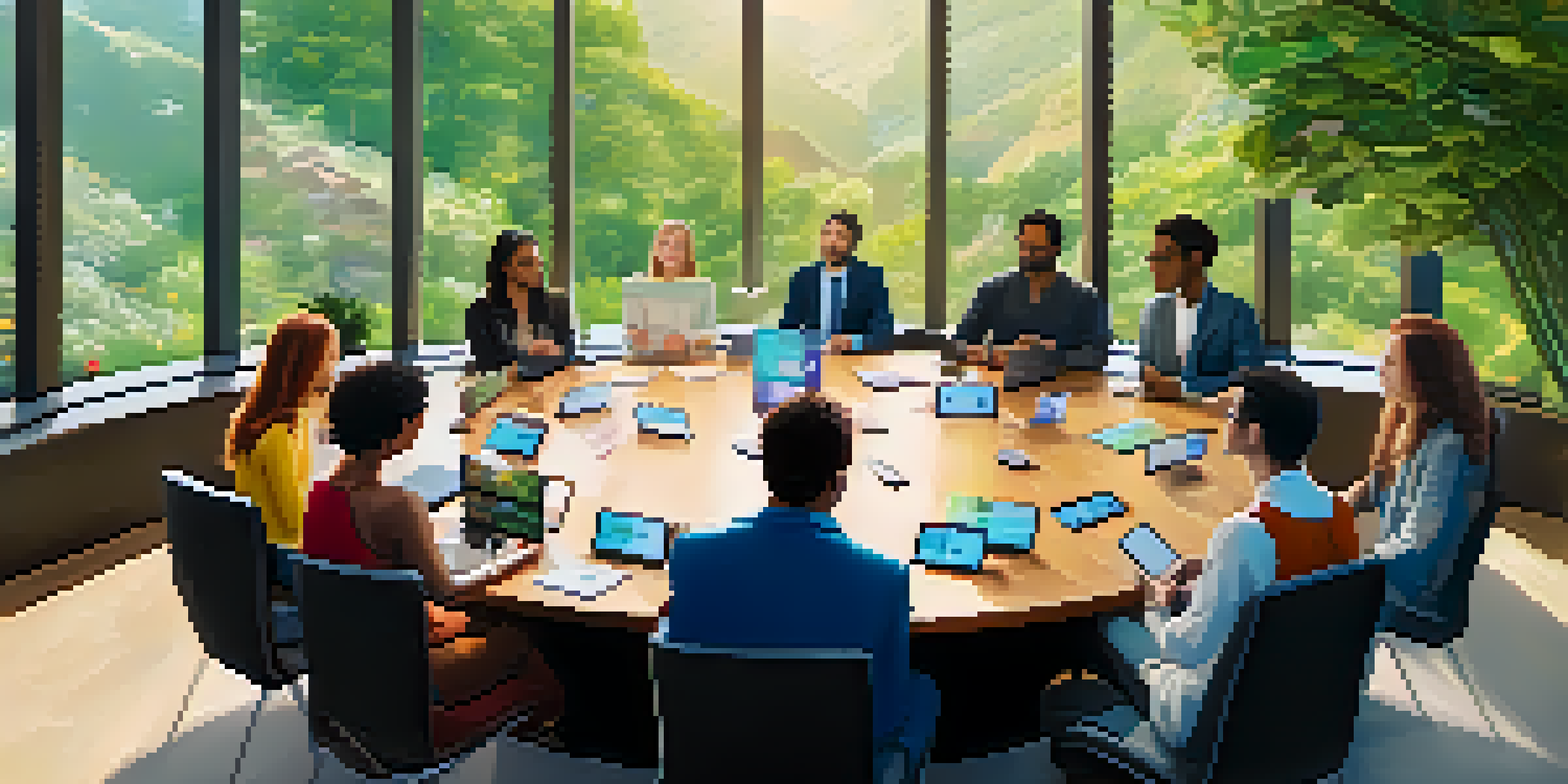 A diverse group of people discussing ethical marketing in a natural setting, with charts and laptops around a round table.