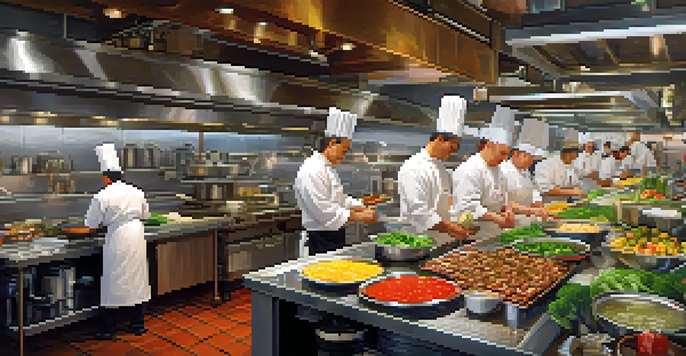 A busy restaurant kitchen with chefs preparing various dishes, illustrating the concept of efficiency in a bustling environment.