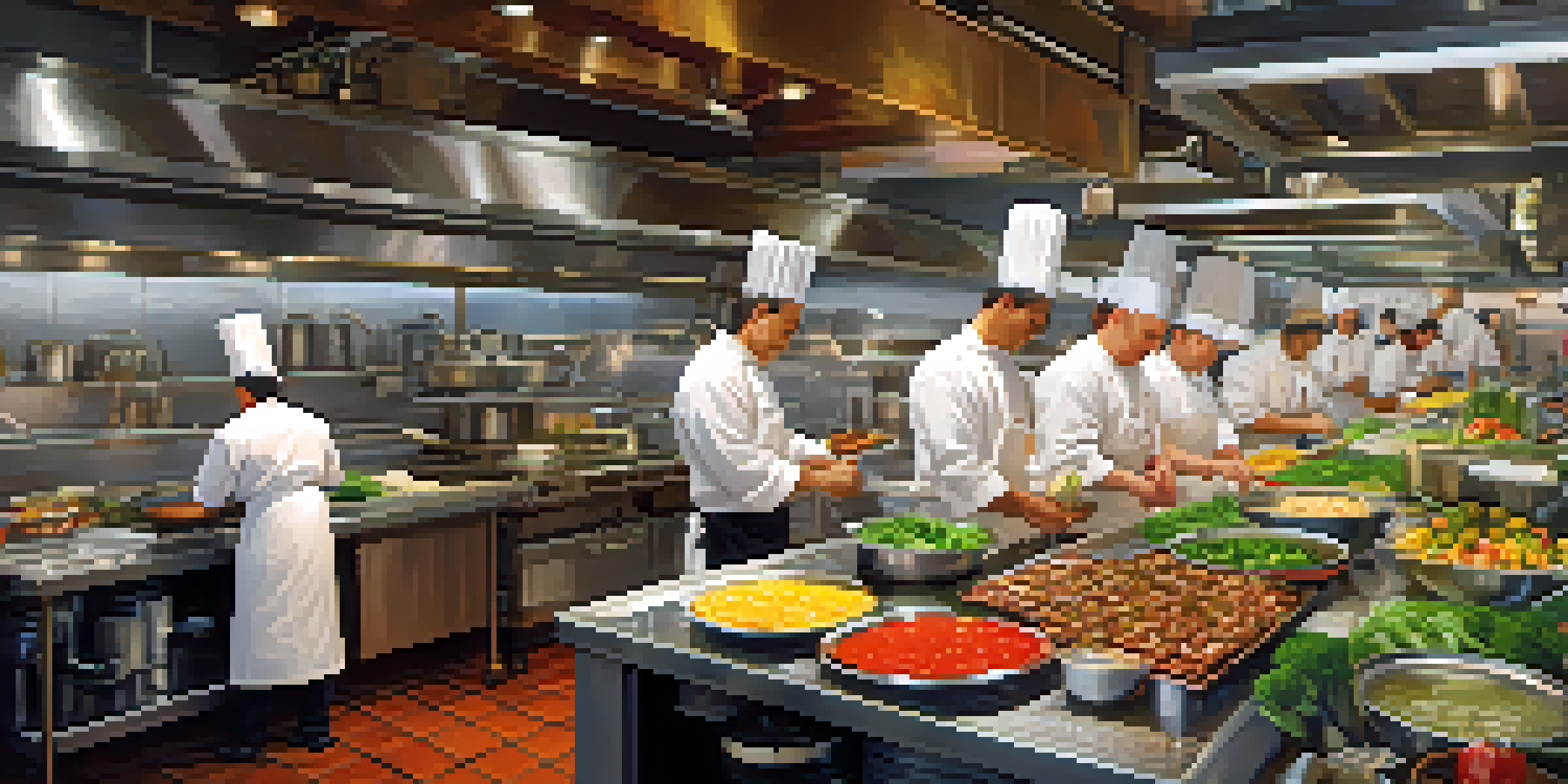 A busy restaurant kitchen with chefs preparing various dishes, illustrating the concept of efficiency in a bustling environment.
