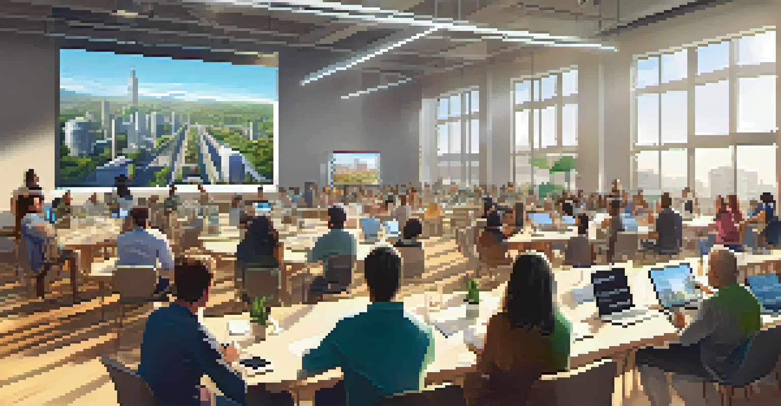 A community meeting with diverse participants discussing smart city projects in a bright, open space with screens showing urban planning.