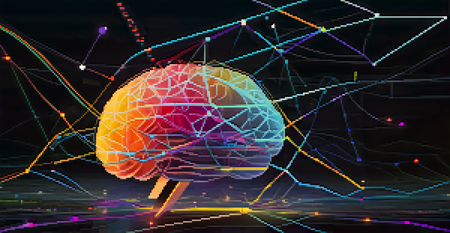 An abstract glowing brain made of lines and nodes with floating colorful data charts, set against a dark gradient background.