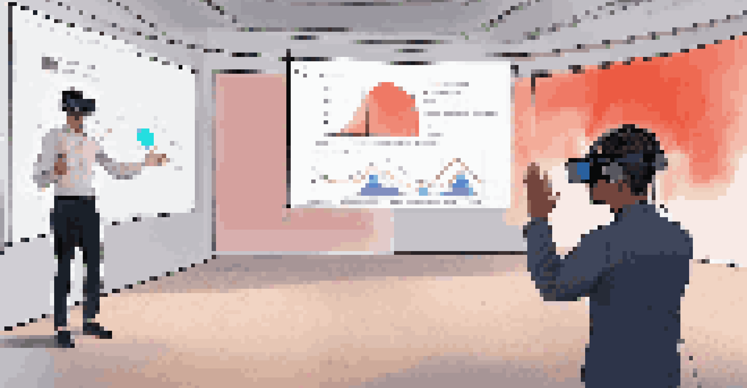 A person wearing VR goggles practicing public speaking in a modern room, with a virtual audience and feedback prompts around them.