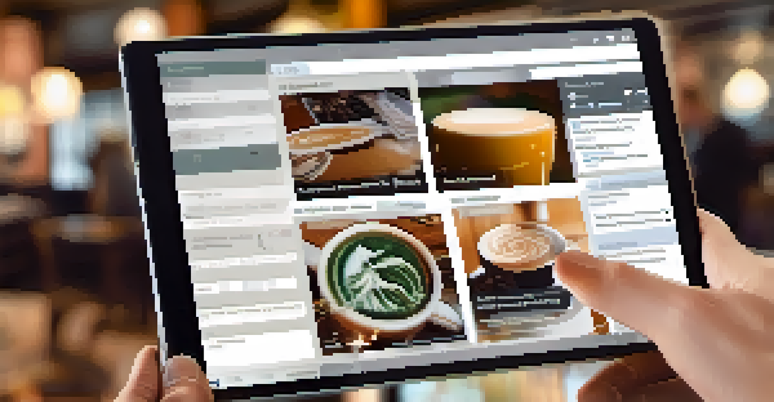 A close-up of a person using a tablet in a coffee shop, displaying a knowledge management system interface on the screen.