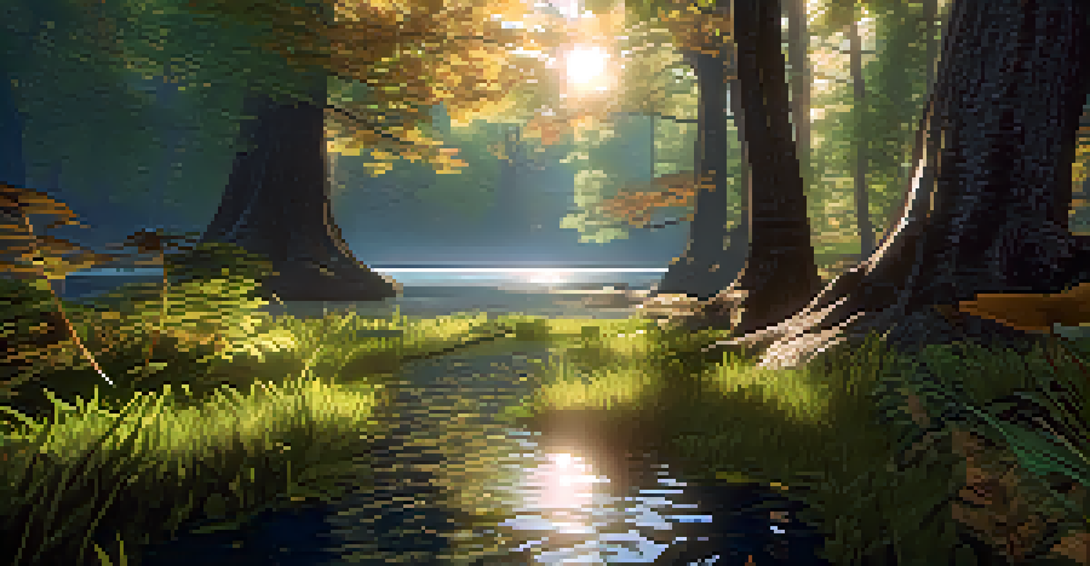A serene forest scene with realistic ray tracing effects, featuring sunlight, shadows, and a character exploring the environment.