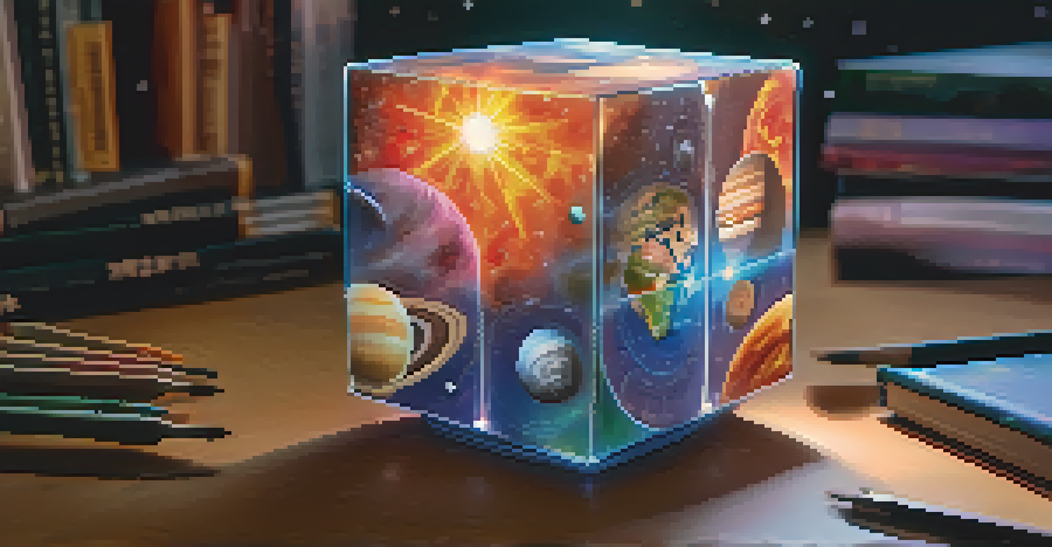 A student's hands interacting with a Merge Cube, displaying a holographic solar system, highlighting the immersive experience of augmented reality.