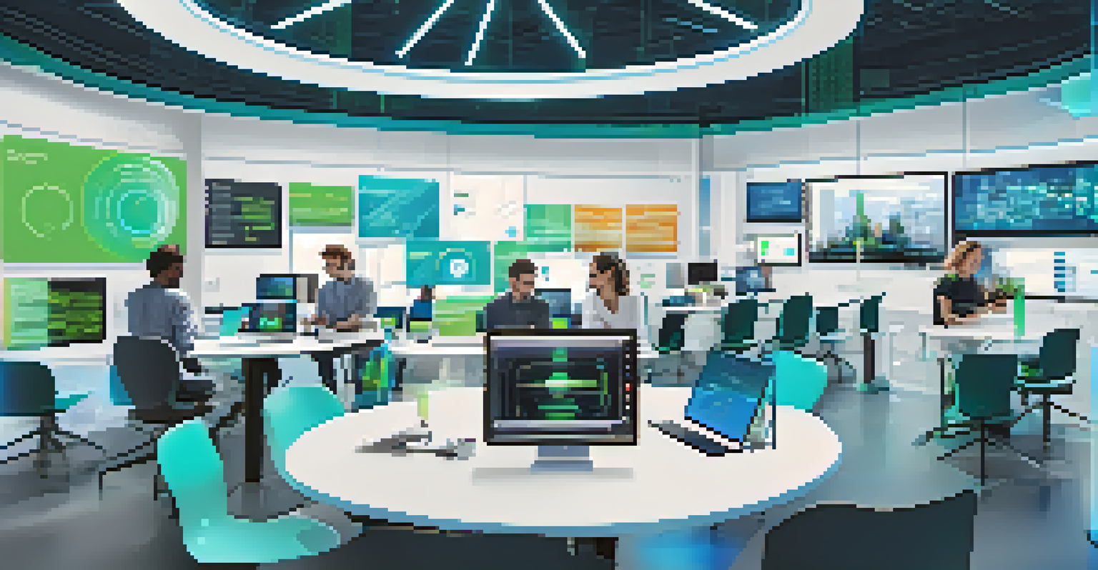 A modern tech startup workspace with teams collaborating around a circular table, surrounded by high-tech gadgets and large screens displaying data analytics.