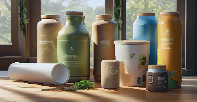 A close-up view of various sustainable packaging materials including biodegradable plastics and recyclable cardboard, illuminated by natural sunlight.