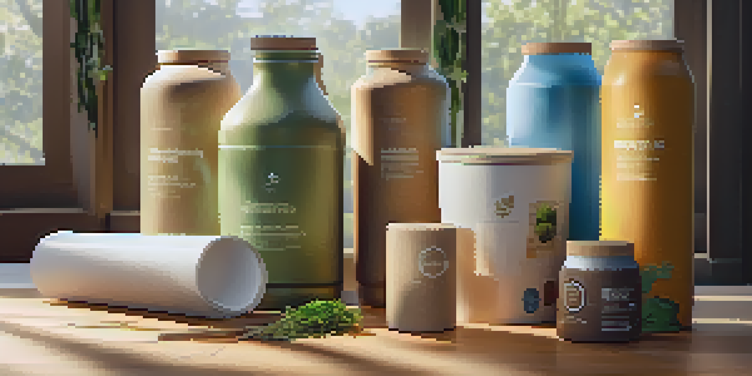 A close-up view of various sustainable packaging materials including biodegradable plastics and recyclable cardboard, illuminated by natural sunlight.