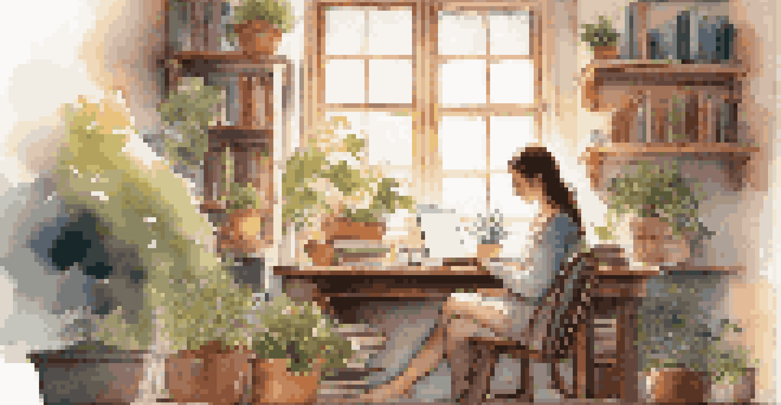 A woman working on her laptop in a cozy room filled with books and plants.