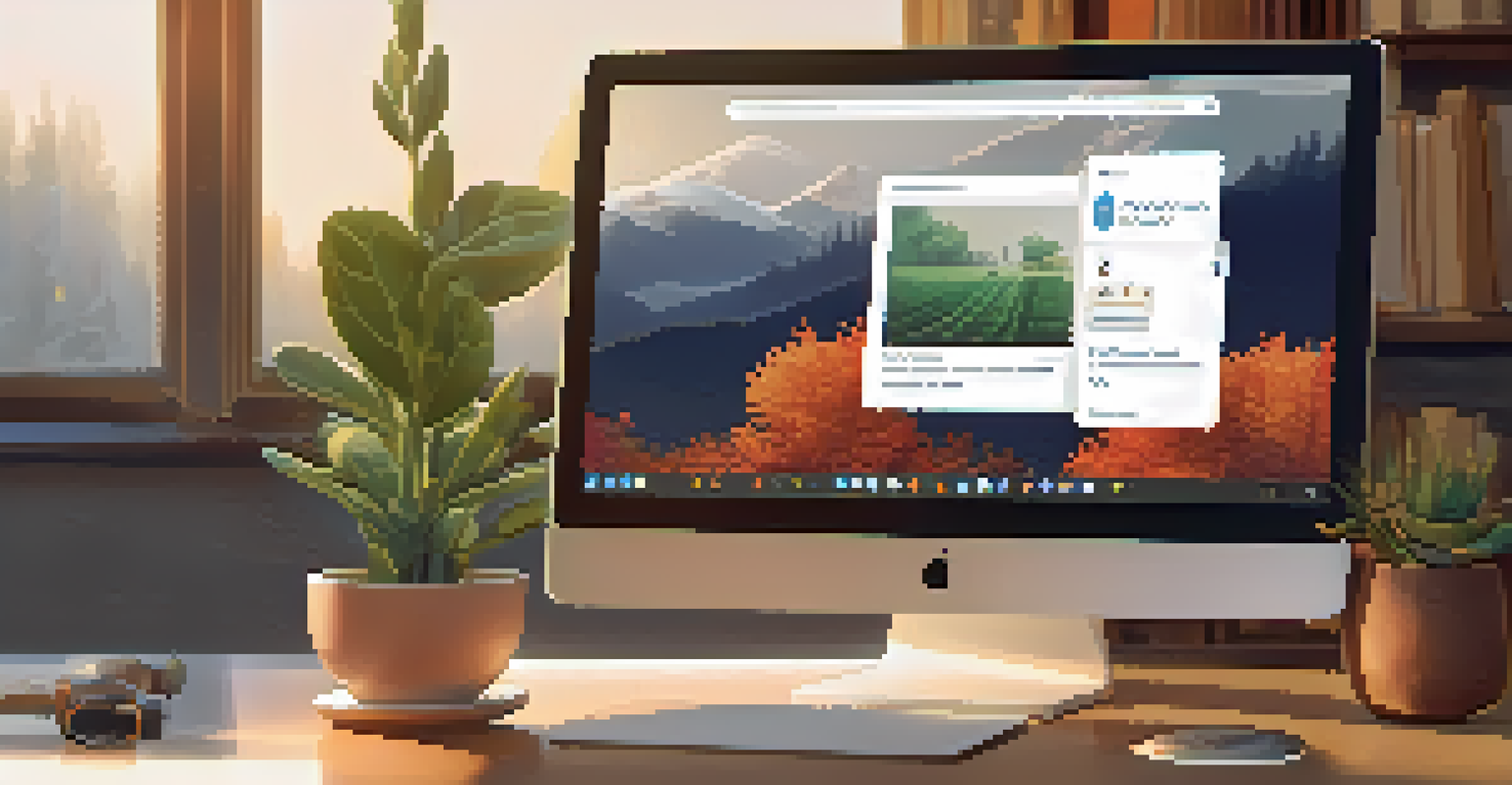 A laptop screen showing an AI chatbot interface with a friendly character, set in a cozy home office with warm lighting and personal touches.