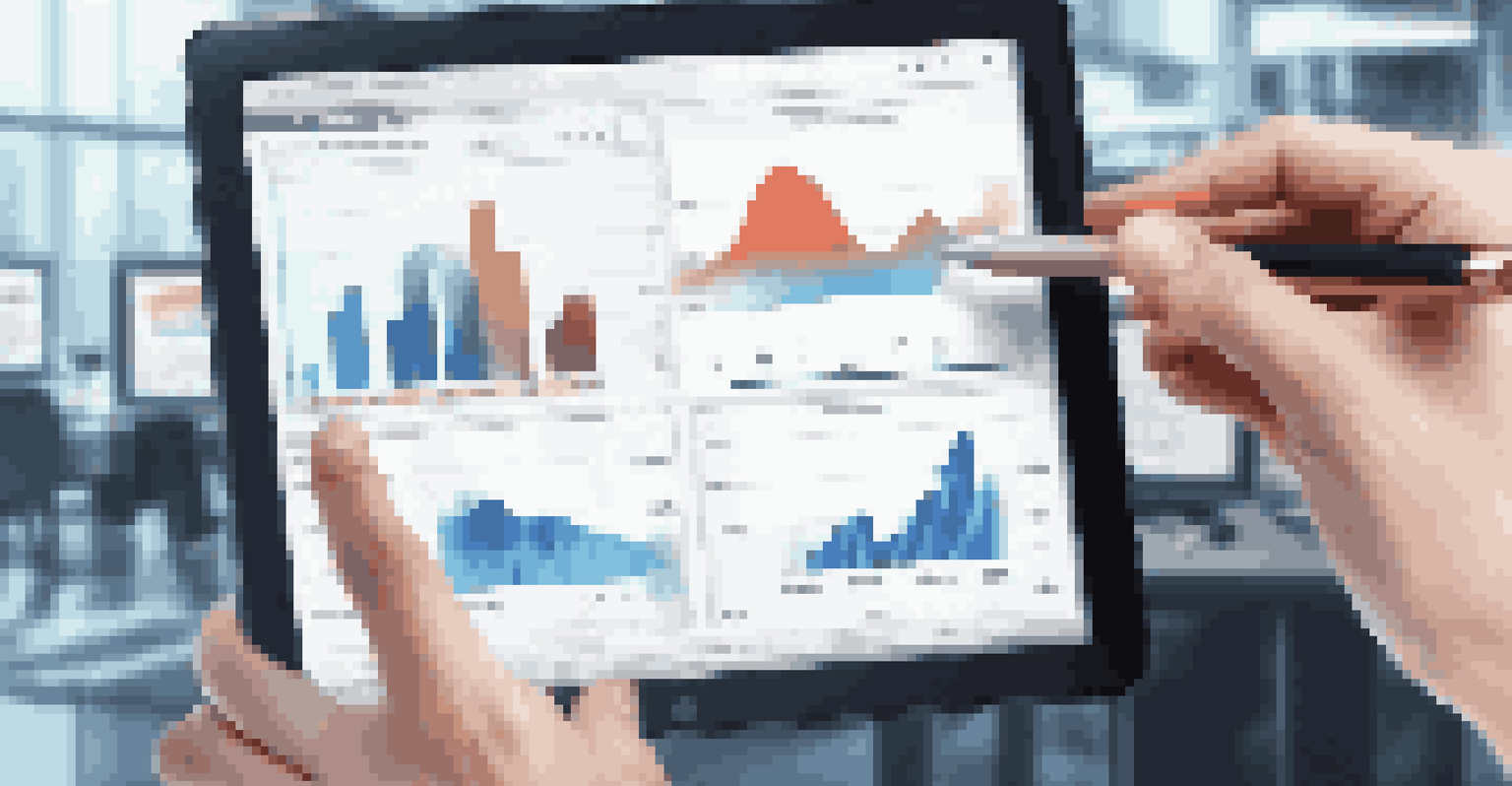 A close-up of a tablet showing financial graphs with a hand interacting, set in a busy office, illustrating technology in finance.