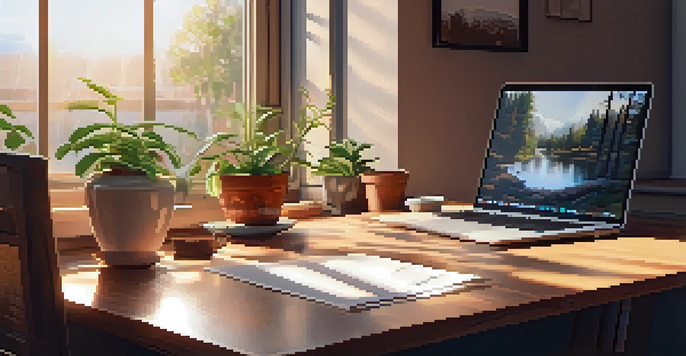 A warm and inviting home office with a wooden desk, laptop displaying a chatbot, coffee cup, and a potted plant, illuminated by soft natural light.