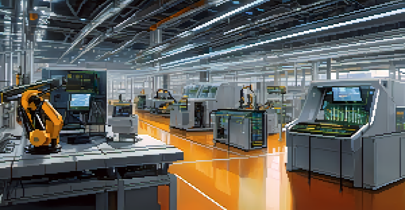 A modern manufacturing facility with smart machines and robotics working together, illuminated by bright dynamic lighting.
