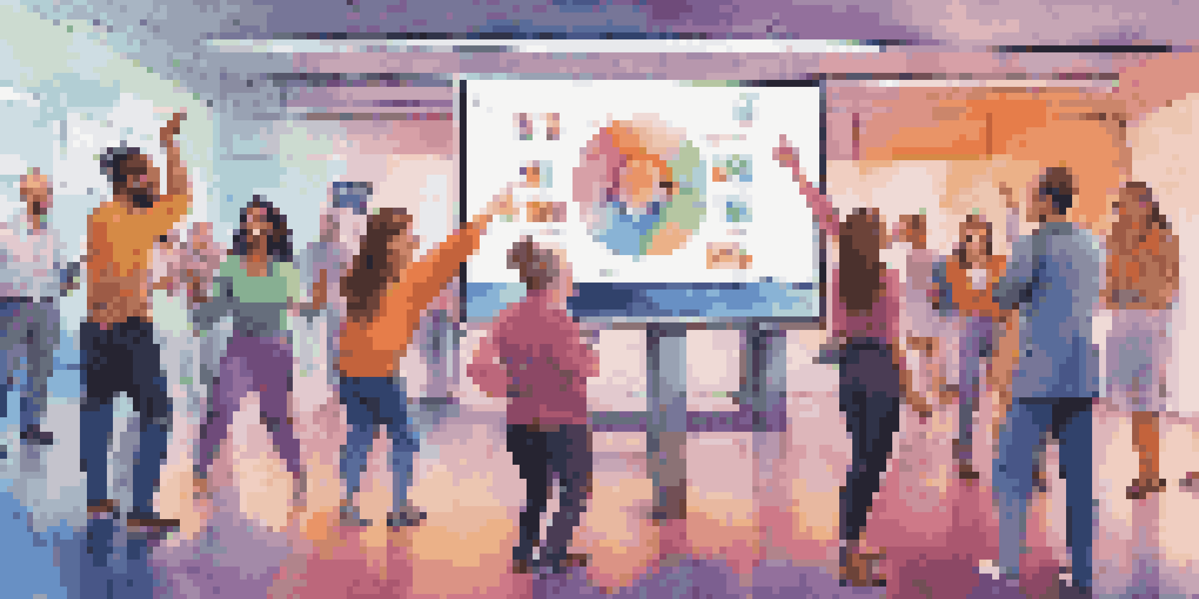 A diverse group of people in a modern office, engaged with a digital screen showing viral content, surrounded by colorful decor.