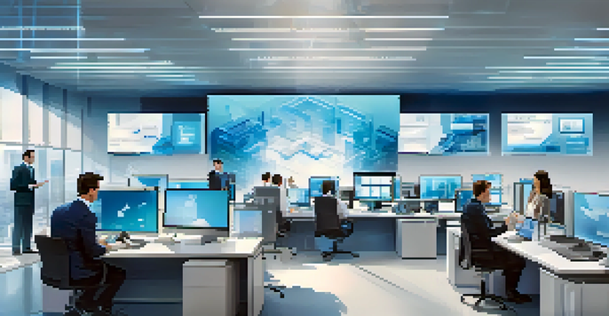 A modern office with diverse professionals discussing cloud security, featuring screens with data analytics and bright lighting.