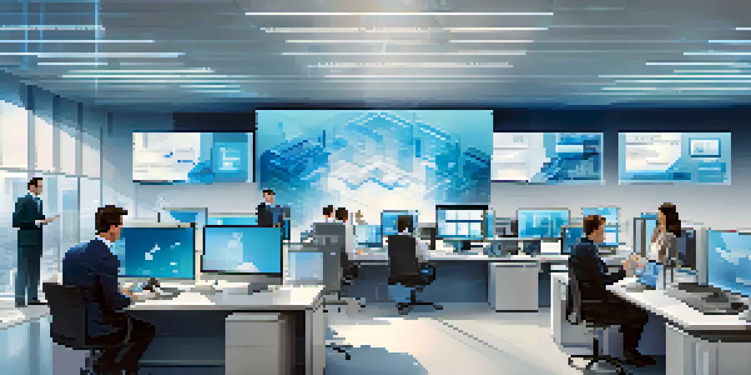 A modern office with diverse professionals discussing cloud security, featuring screens with data analytics and bright lighting.