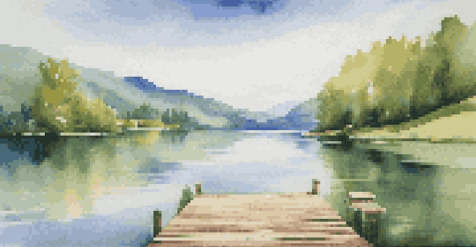 A peaceful lake surrounded by green mountains with a clear blue sky, featuring a wooden dock extending into the water.