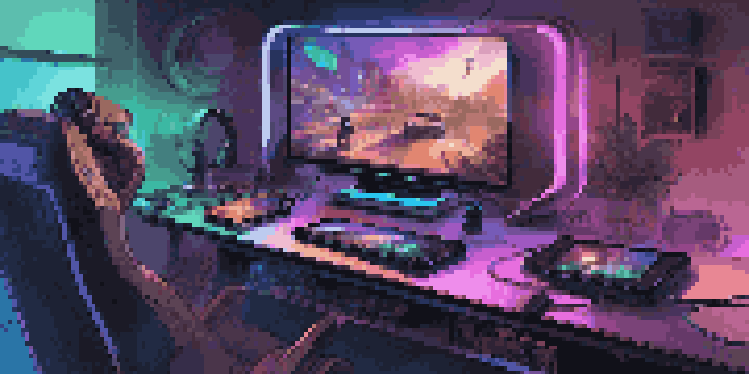 A modern mobile gaming setup with a smartphone displaying a colorful game scene, surrounded by gaming accessories in a dimly lit room with LED lights.