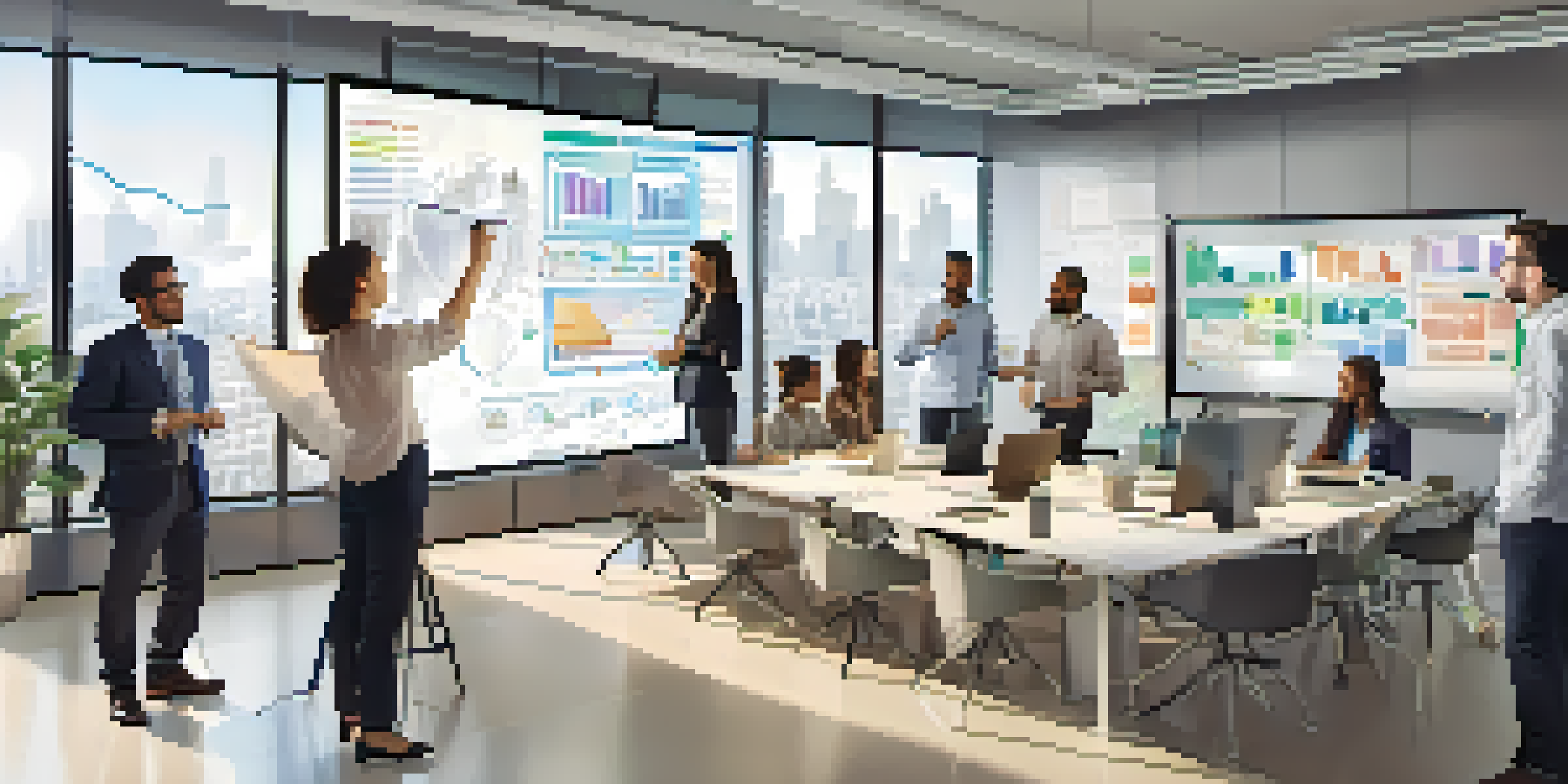 A diverse group of professionals in a modern office, collaborating around a digital whiteboard filled with charts and graphs.