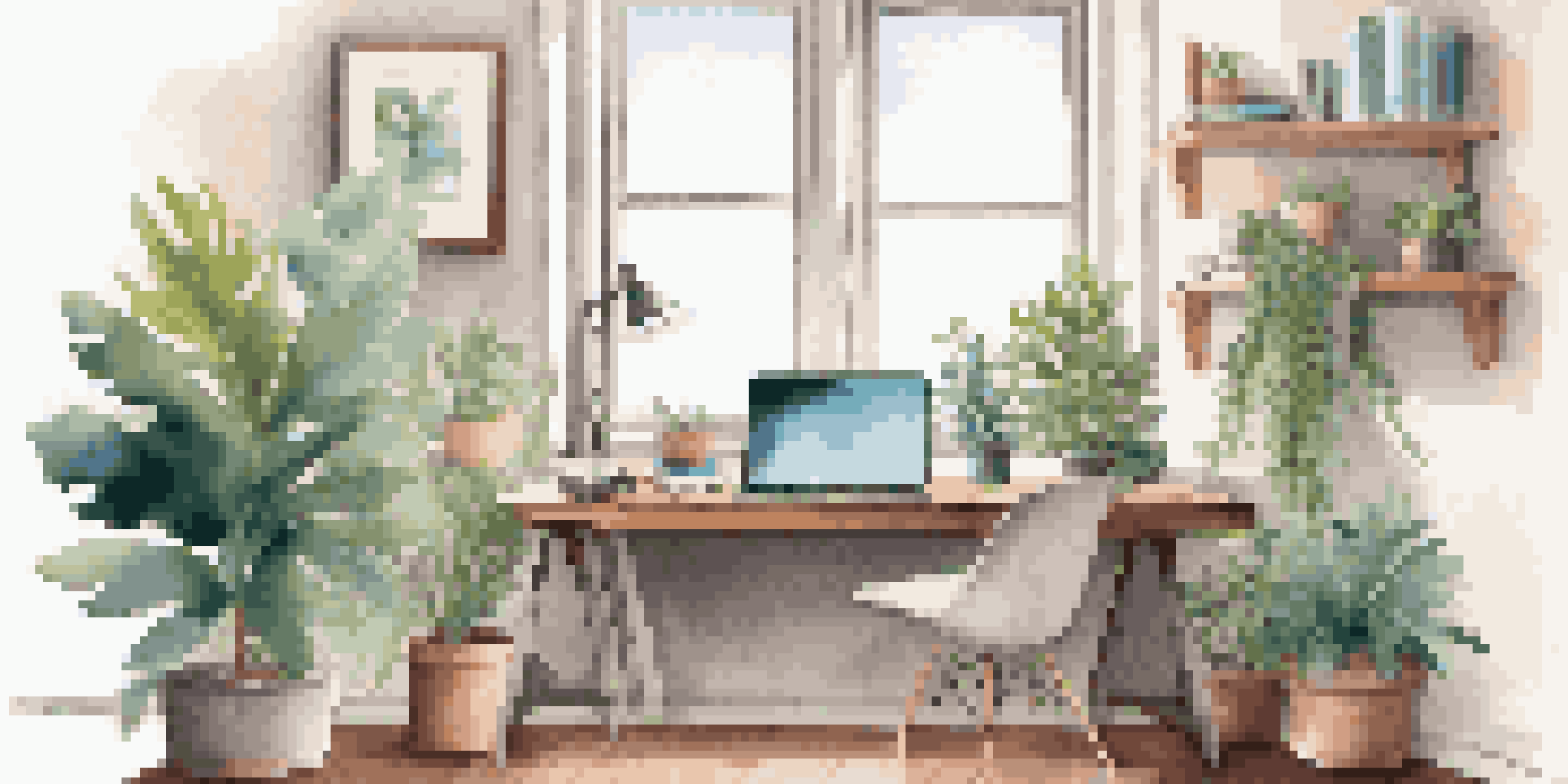 A cozy modern workspace featuring a sleek desk with an open laptop, a vibrant indoor plant, and bright natural light from a window.