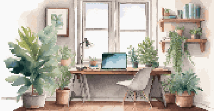 A cozy modern workspace featuring a sleek desk with an open laptop, a vibrant indoor plant, and bright natural light from a window.