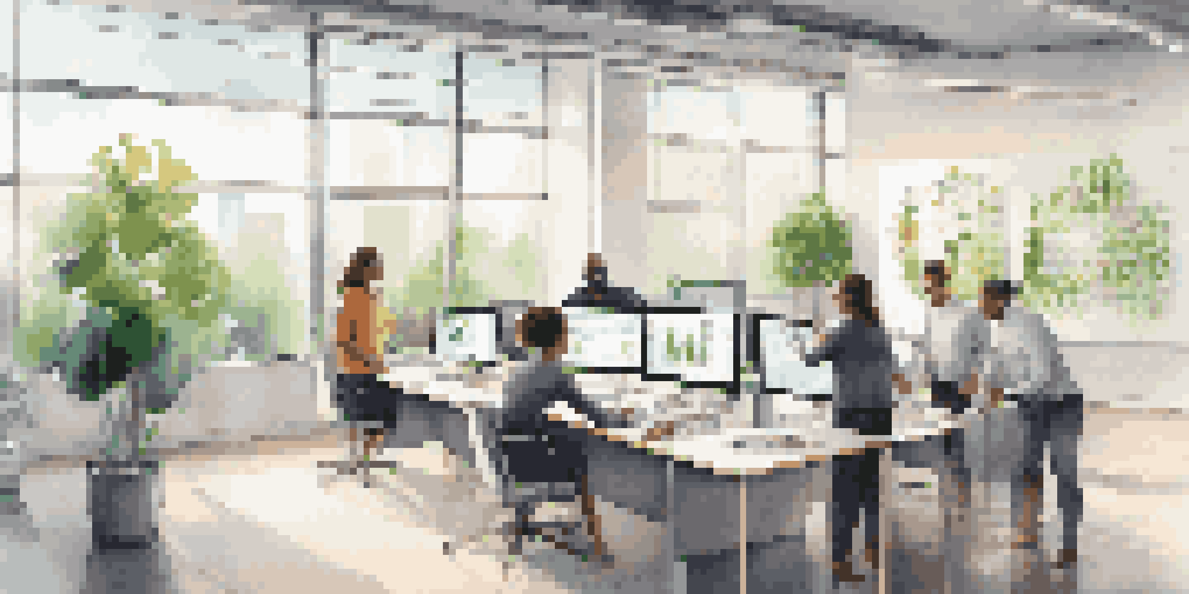 A diverse team working together in a modern office, using a touchscreen table with data analytics displayed.