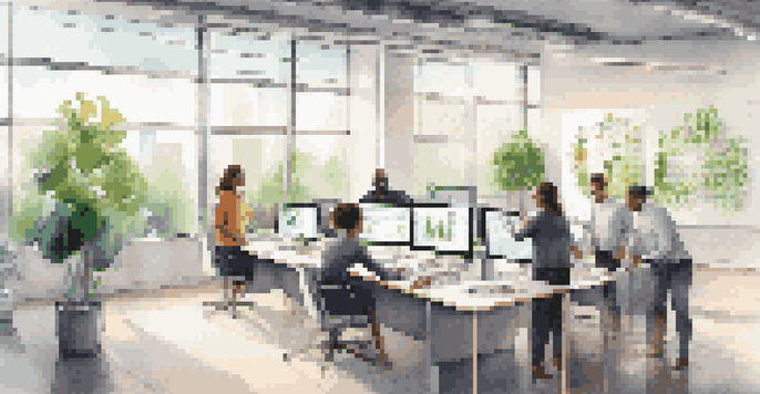 A diverse team working together in a modern office, using a touchscreen table with data analytics displayed.