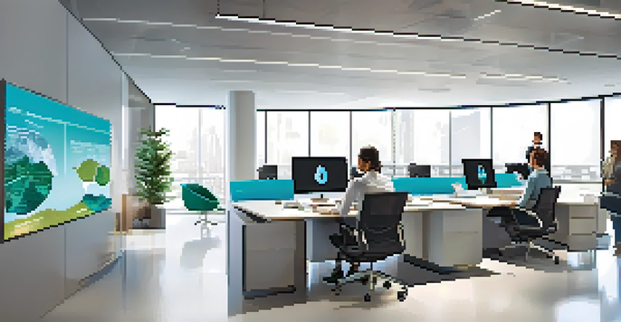 A bright and modern office workspace with diverse professionals having a collaborative meeting, illuminated by natural light from large windows.