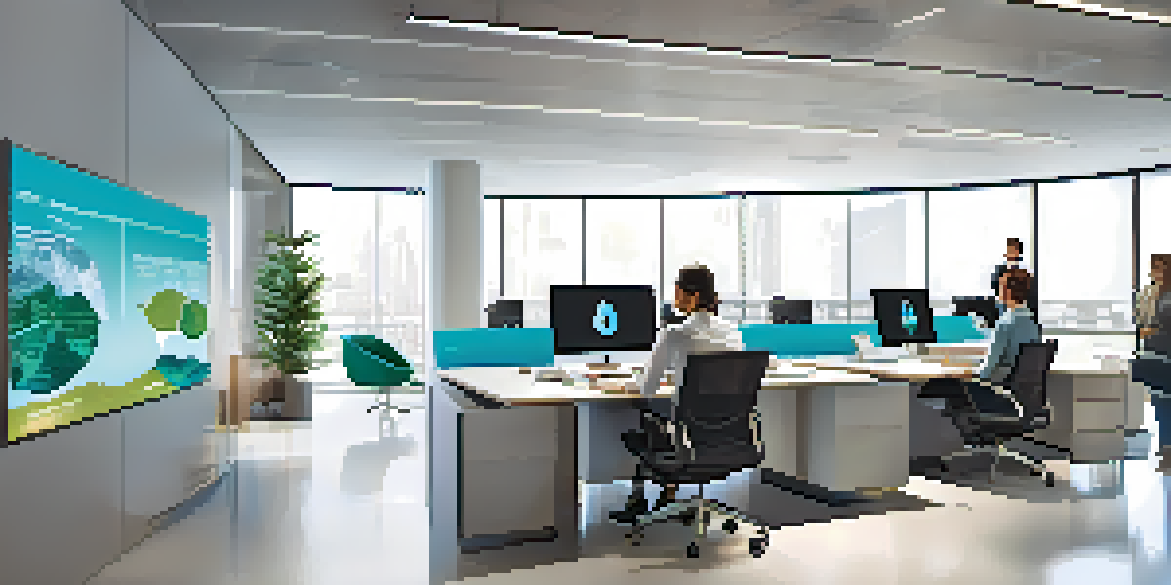 A bright and modern office workspace with diverse professionals having a collaborative meeting, illuminated by natural light from large windows.