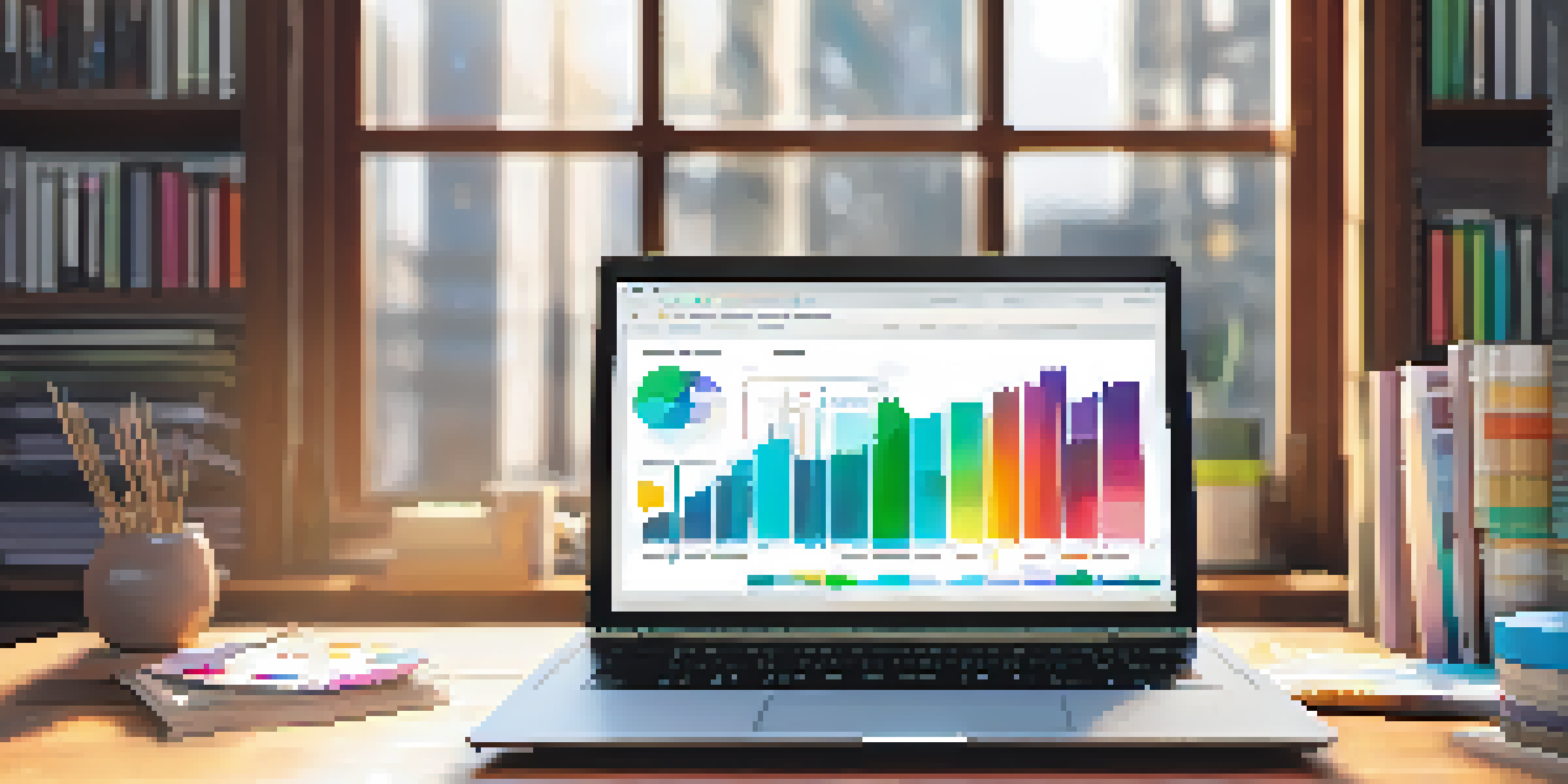 A laptop on a desk showing data analytics graphs with a bookshelf in the background, illuminated by sunlight.