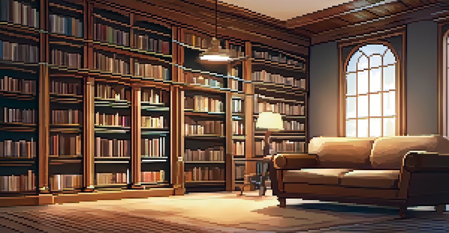 A well-organized library showcasing shelves of books and a digital screen with a knowledge management interface, along with a cozy reading nook featuring an armchair and a small table.