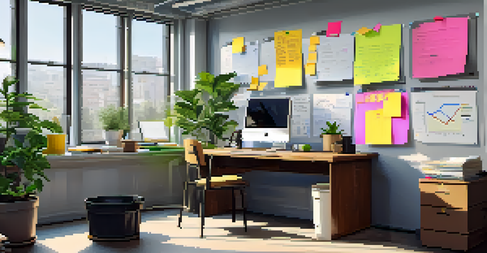 A bright and modern office workspace with a laptop on the desk, colorful post-it notes, and a potted plant, illuminated by natural light from large windows.