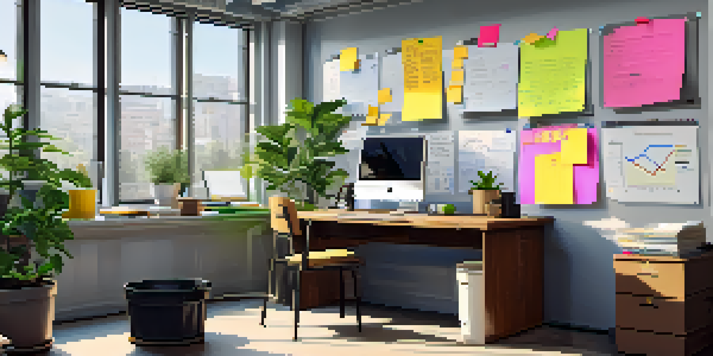 A bright and modern office workspace with a laptop on the desk, colorful post-it notes, and a potted plant, illuminated by natural light from large windows.